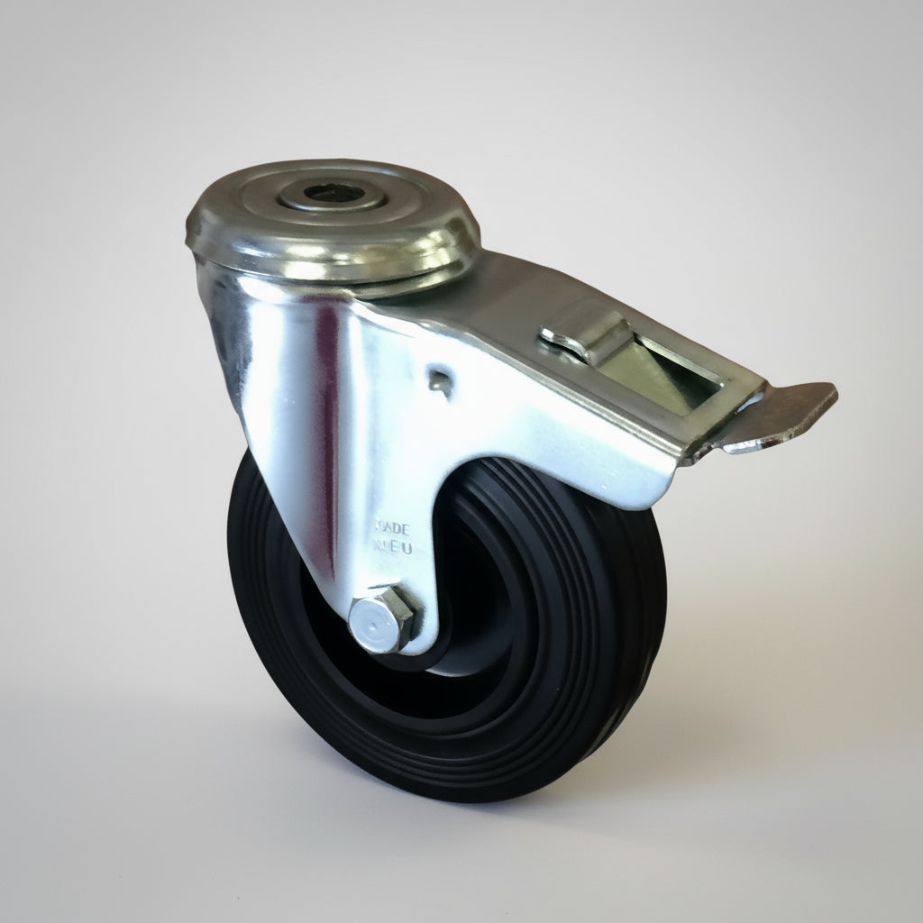 100mm Black Rubber Tyre Bolt Hole Castor Braked