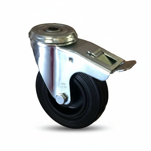 Braked castor with the wheel brake applied