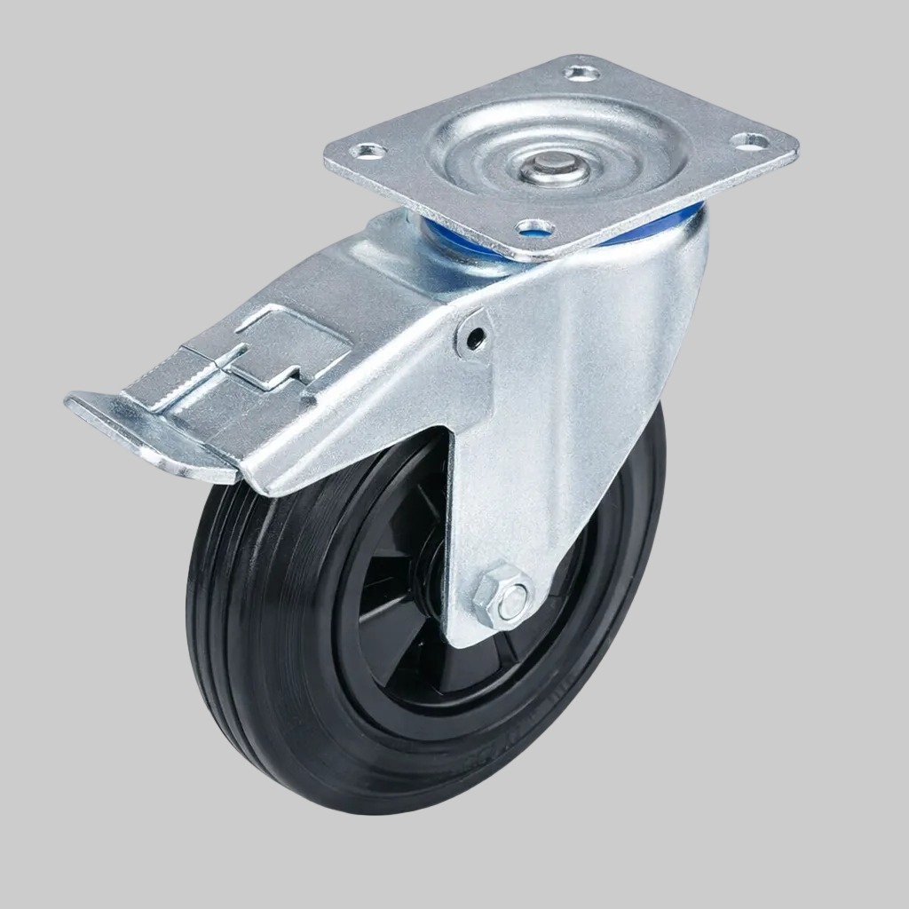 100mm Black Rubber Tyre Plate Fitted Castor Braked