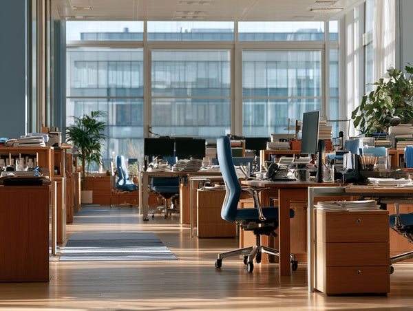 A bright, modern open office space with wooden desks, blue ergonomic office chairs, computer monitors, filing cabinets, and large floor-to-ceiling windows looking out onto a city view.