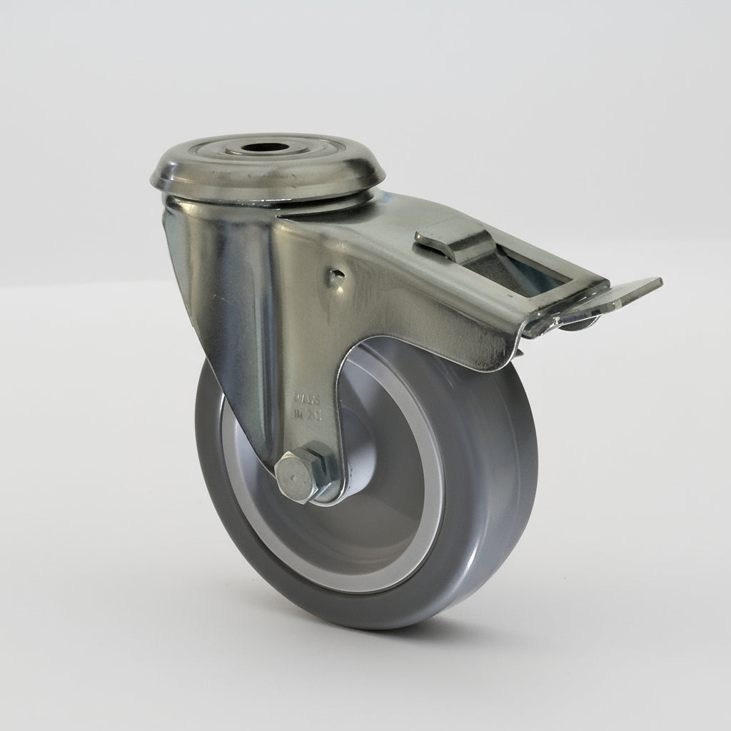 100mm Grey Rubber Tyre Bolt Hole Braked
