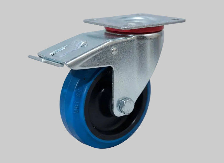 125mm Blue Elastic Roller Bearing Plate Fitted Castor Braked