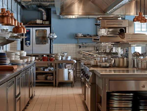 A professional commercial kitchen with stainless steel counters, ovens, and a large ventilation hood. Copper pendant lights hang from the ceiling, and stacks of white plates and cookware are neatly arranged on the work surfaces.