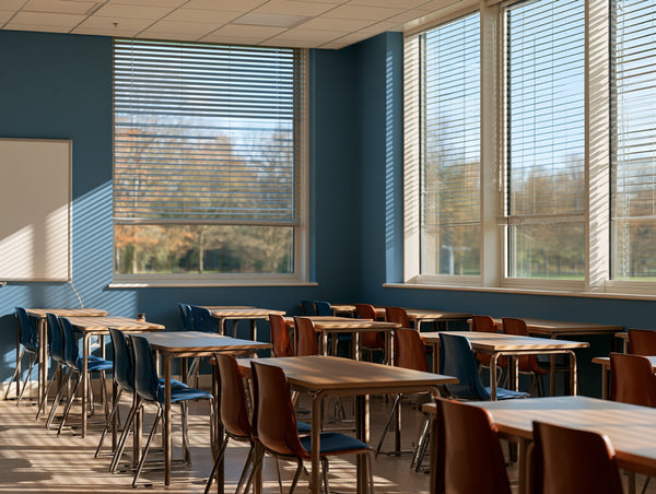A bright classroom with rows of wooden desks and blue chairs, large windows with horizontal blinds, blue walls, and a whiteboard on the left.