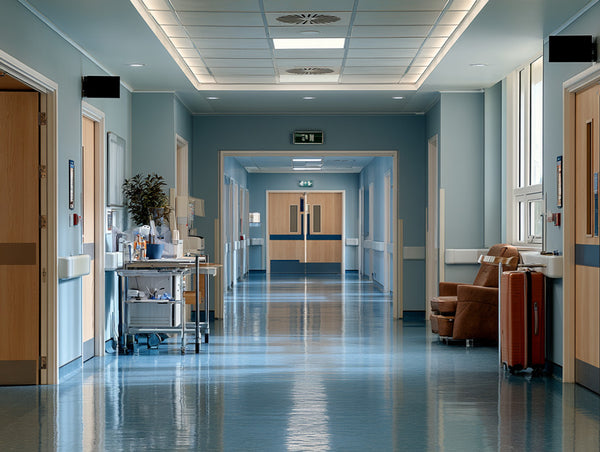 A long hospital corridor with light blue walls and floor, wooden doors, a medical cart on the left, a brown armchair and red suitcase on the right, and a bright ceiling with recessed lighting.