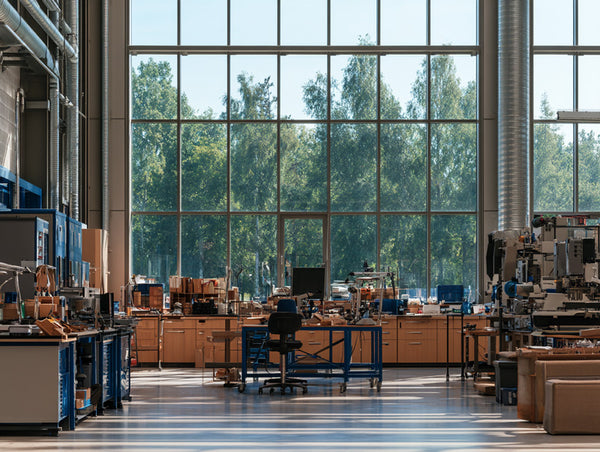 A wide interior shot of a large, modern workshop or office space with massive floor-to-ceiling windows, showing green trees outside. The room contains workbenches, desks, office chairs, and various industrial equipment and storage units.