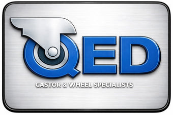 A square logo for QED Castor & Wheel Specialists, featuring a stylized blue and silver wheel icon with the letters QED in large blue font and the tagline 'CASTOR & WHEEL SPECIALISTS' below on a brushed metallic background.