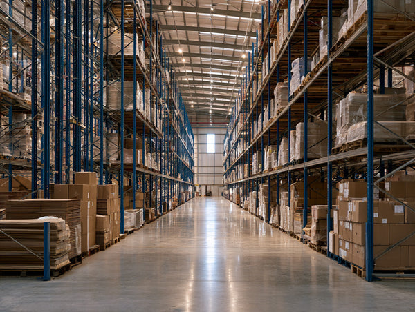 A long aisle in a large warehouse with tall blue metal shelving on both sides, filled with stacked cardboard boxes and wrapped goods under bright overhead lighting.